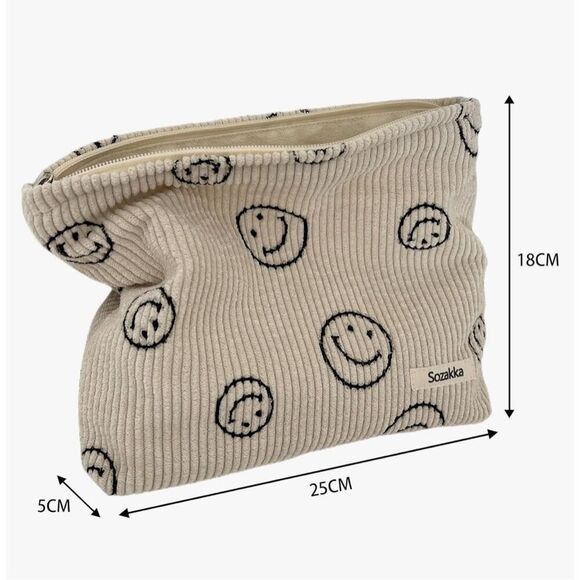 NEW Cosmetic Bags Corduroy Makeup Bag Smile Dots Brown W/ Charms - Picture 4 of 5